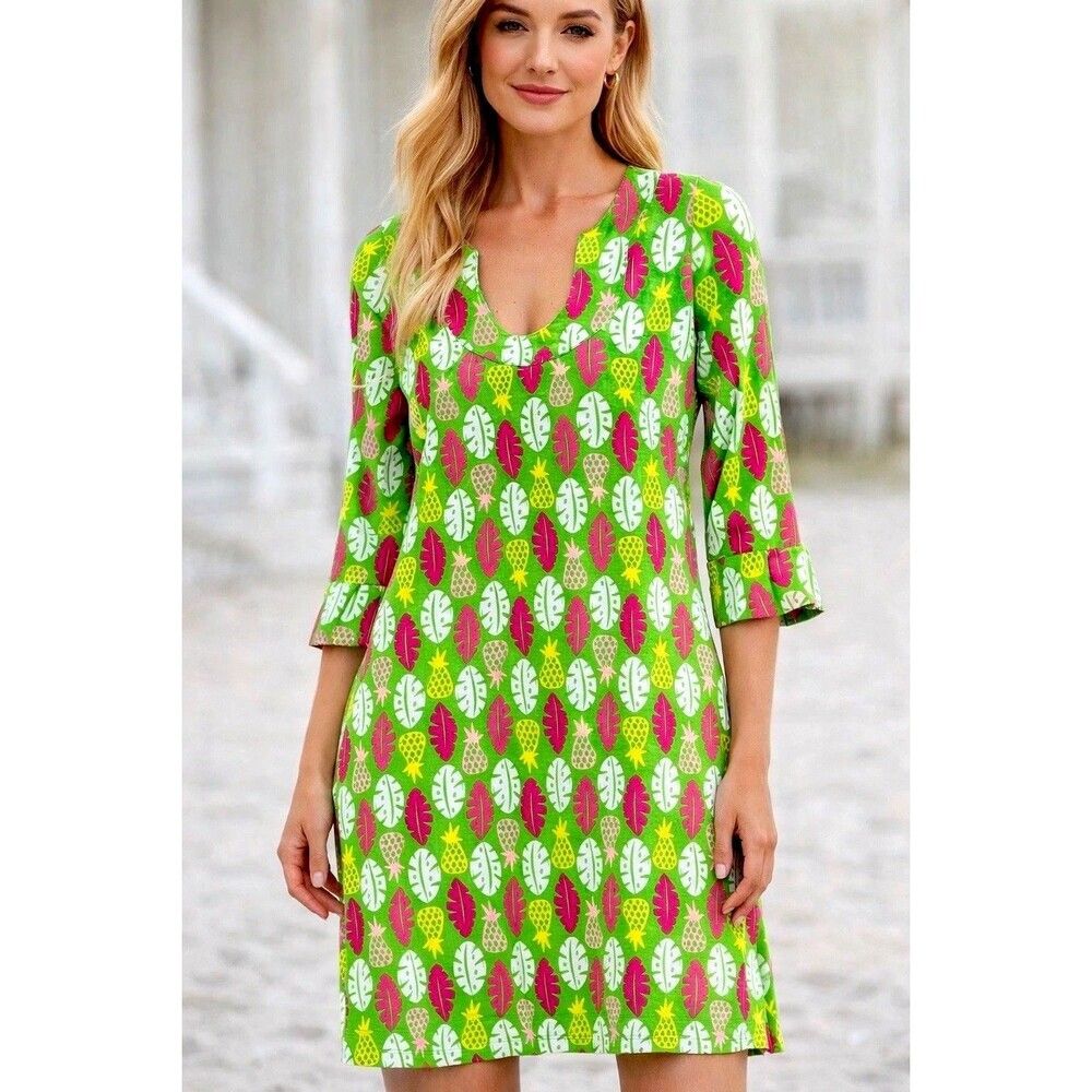 Katherine Way Pineapple Leaf Shift Dress Xs Green Pink Tropical Resortwear Usa
